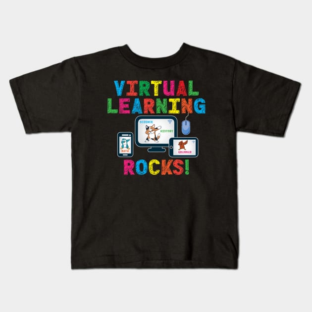 Virtual Learning Rocks Cat Penguin Owl On Devices Kids T-Shirt by Rosemarie Guieb Designs